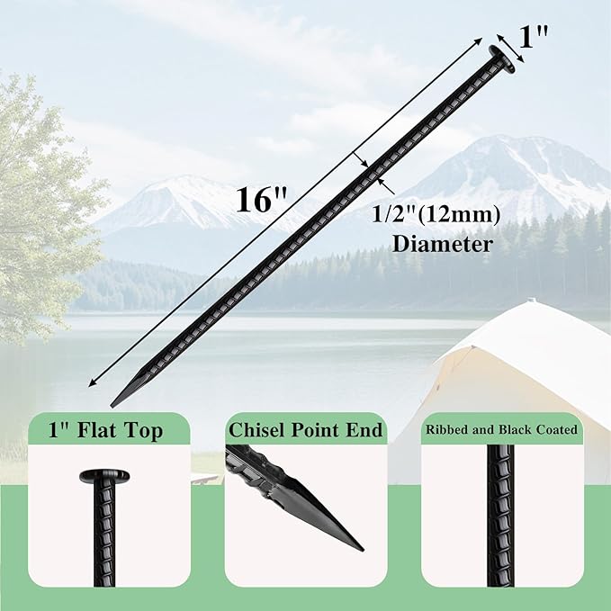 16 Inch Rebar Stakes 10 Pack Heavy Duty Ground Anchors 1/2 Inch Diameter Galvanized Steel Asphalt Anchoring Metal Spikes for Speed Bump, Parking Curb and Camping Tent-Ruum Studio Home