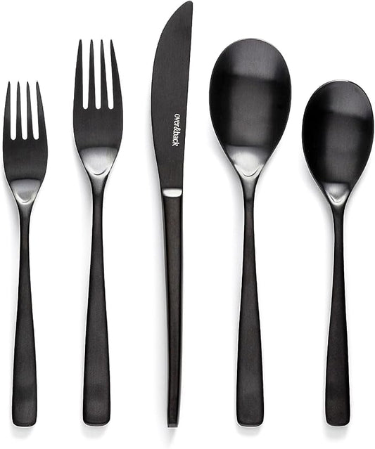 over&back 20pc Curved Flatware Cutlery Set - Comes with 4 Dinner Forks, 4 Salad Forks, 4 Dinner Knives, 4 Dinner Spoons, and 4 Teaspoons - 18/8 Stainless Steel - Dishwasher-Safe - Matte Black-Ruum Studio Home