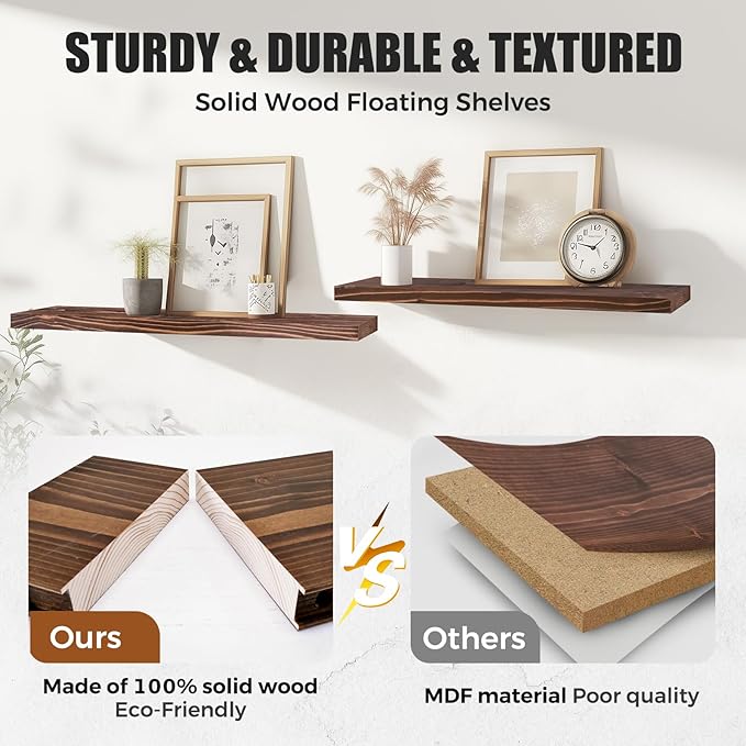 Floating Wall Shelves 2-Pack - 24-Inch Rustic Brown Wooden Shelves for Storage and Décor, Easy Installation for Living Room, Bedroom, and Kitchen-Ruum Studio Home