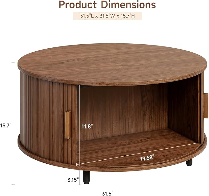 Round Coffee Table with Storage, 31.5" Modern Coffee Table with 360° Curved Sliding Door, Fluted Wood Accent Coffee Table with Adjustable Footpads, Round Center Table for Living Room, Walnut-Ruum Studio Home