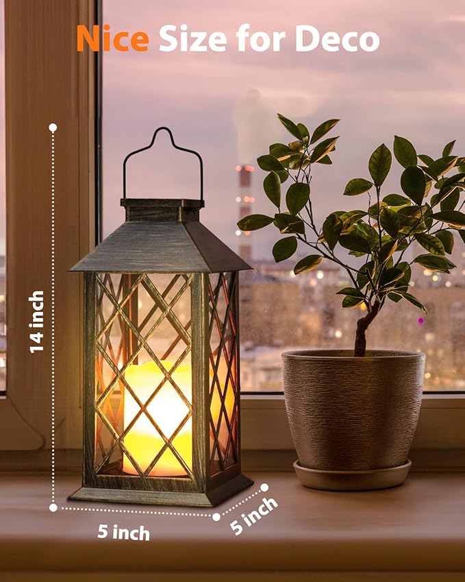 Otdair Solar Lanterns Outdoor Waterproof, 2 Pack 14" Solar Lantern with Glass Retro LED Flickering Flameless Candle,Lanterns Decorative Outdoor for Gift, Yard, Garden, Patio, Balcony,Porch, Party-Ruum Studio Home