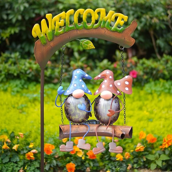 HONGLAND Gnome Garden Decor with Solar Lights, Funny Gnomes Swing Outdoor Decor, Gardening Gifts for Women Mom, Gnomes Yard Decorations with Welcome Sign for Lawn Porch Backyard Patio-Ruum Studio Home