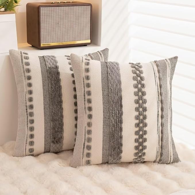 Boho Throw Pillow Covers 18x18 Set of 2 Farmhouse Decorative Cushion Case Striped Square Pillows Cover Chenille Pillow Cases Accent Neutral Pillowcase for Sofa Couch Bed,Gray-Ruum Studio Home