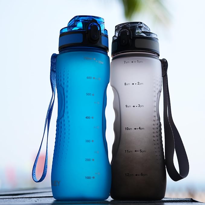 OLDLEY 25 oz Water Bottle, Motivational Water Bottle with Time Marker, Sports Water Bottle With Strap, Leakproof & BPA Free Large Water Bottles for School, Gym, Travel, Outdoor, Tritan,Blue-Ruum Studio Home