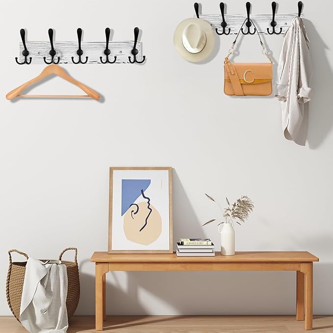 Coat Rack Wall Mount Wooden Hat Rack for Wall Hooks Pine Real Wood Plank 16.9" White Coat Hanger with 5 Black Triple Hooks for Hanging Coat Hat Jacket-Ruum Studio Home