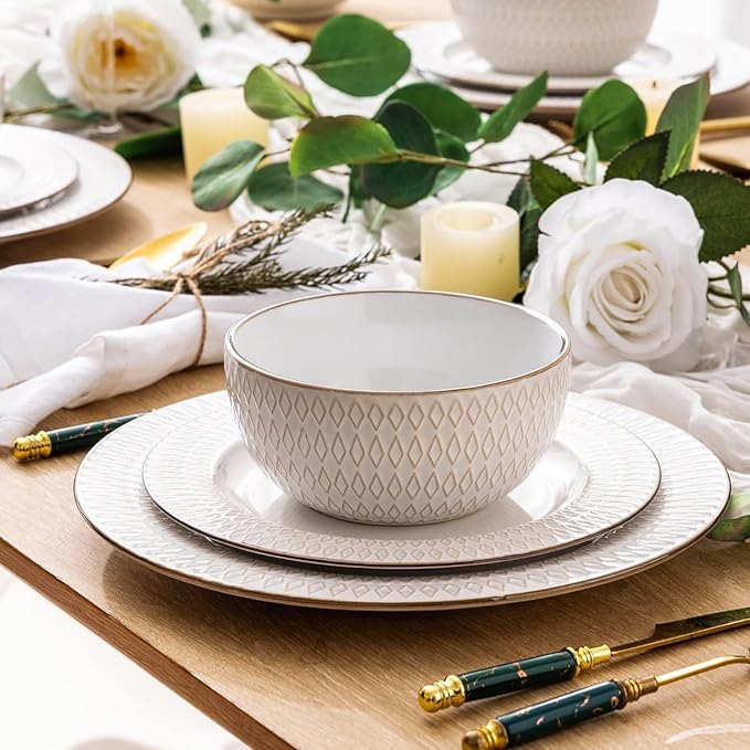 GBHOME Ceramic Dinnerware Sets,12 pcs Embossed Elegant Stoneware Plates and Bowls Sets, Housewarming Wedding Gift | Dishwasher & Microwave Safe | Dishes Set Service for 4-Ruum Studio Home