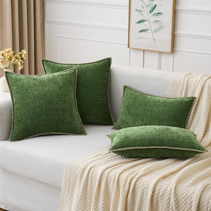 MIULEE Pack of 2 Fall Couch Pillow Covers 18x18 Inch Moss Green Farmhouse Decorative Throw Pillow Covers with Stitched Edge Soft Chenille Solid Dyed Pillow Covers for Sofa Bed Living Room-Ruum Studio Home