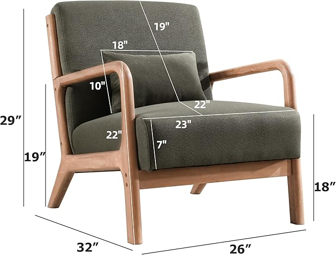 INZOY Mid Century Modern Accent Chair with Wood Frame, Upholstered Living Room Chairs with Waist Cushion, Reading Armchair for Bedroom Sunroom (Green)-Ruum Studio Home