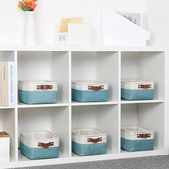 DULLEMELO Storage Baskets Bins for Organizing, Small Fabric Baskets for Shelves, Closets, Nursery, Home, Office, Empty Gift Baskets (6-Pack, White&Teal)-Ruum Studio Home