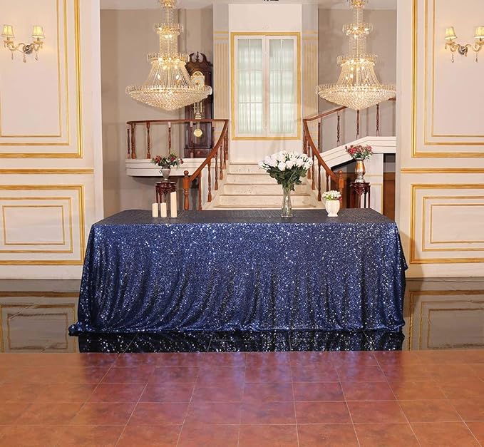 SquarePie Sequin Tablecloth Rectangular 90 x 132 Inch Navy Blue Bling Sparkly Table Linen for Wedding Party-Ruum Studio Home
