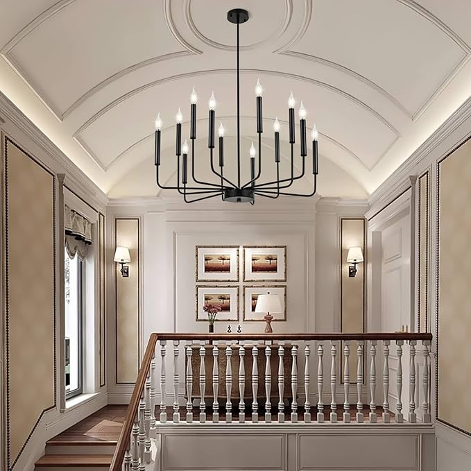 Modern Black Farmhouse Chandeliers, 12-Light Industrial Metal Chandelier Lighting, Classic Candle Hanging Pendant Light Fixtures for Living Room, Dining Room, Kitchen, Bedroom, Entryway-Ruum Studio Home
