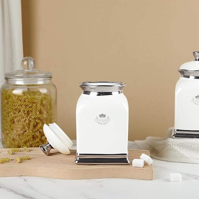 fanquare 30 OZ Cookie Jar, White Kitchen Canisters Set of 3, Farmhouse Porcelain Decorative Jars for Countertop, Ceramic Storage Jar for Coffee, Sugar, Tea Bag-Ruum Studio Home