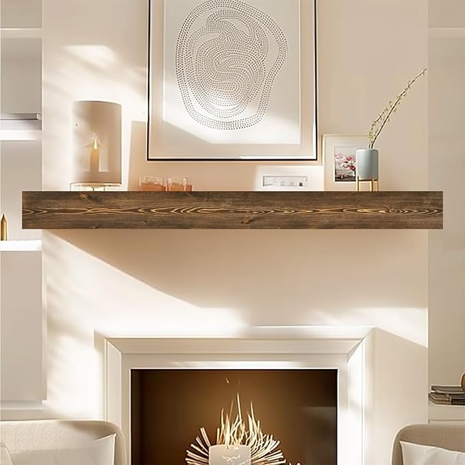 60x8x3 Fireplace Mantel - Handcrafted Hollow Rustic Solid Wood Wall Mounted Floating Shelf with Invisible Heavy Duty Wood Bracket (Weathered Brown)-Ruum Studio Home
