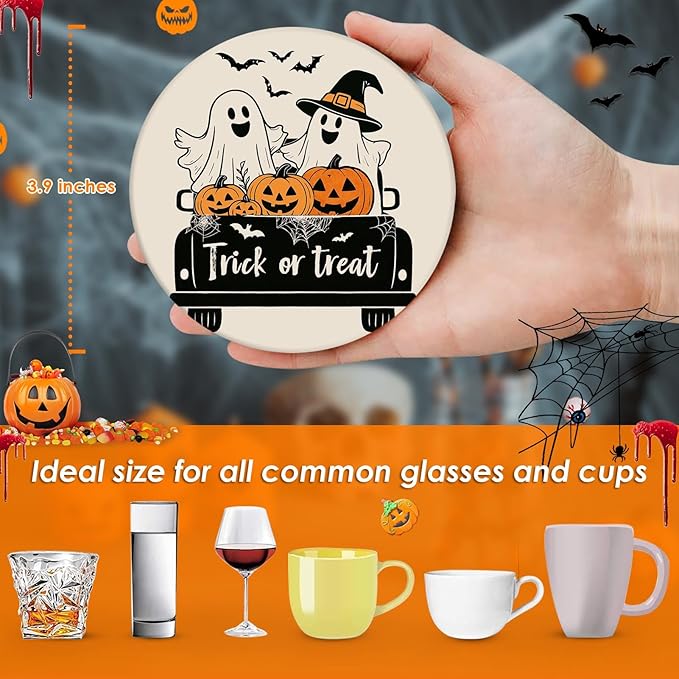 Coaster for Drinks Set of 6, Halloween Black and White Ghost Pumpkins Absorbent Round Ceramic Stone Mat, with Cork Base and Metal Holder, Gift for Housewarming Room Bar Decor-Ruum Studio Home