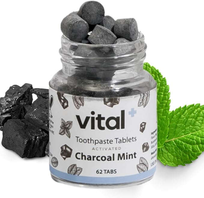 Vital Toothpaste Tabs with Nano-Hydroxyapatite | Naturally Whitens + Remineralizes Teeth | Fluoride & Plastic Free | Combats Sensitivity | Travel & Eco Friendly | Charcoal Mint | 62 Tablets (1 Month)-Ruum Studio Home