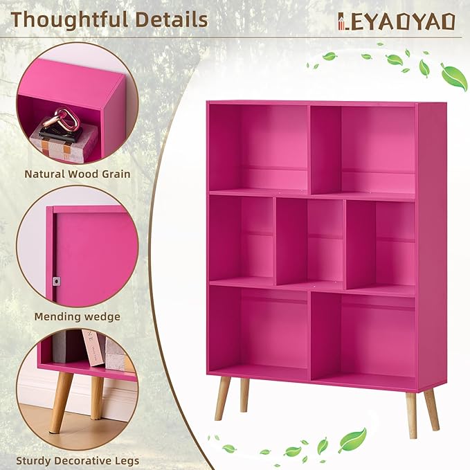 LEYAOYAO 7 Cube Bookshelf,3 Tier Book Shelf with Legs,Pink Modern Bookshelf,Large Freestanding Open Toy Modern Bookshelves,Display Bookcases Decor Furniture for Nursery-Ruum Studio Home