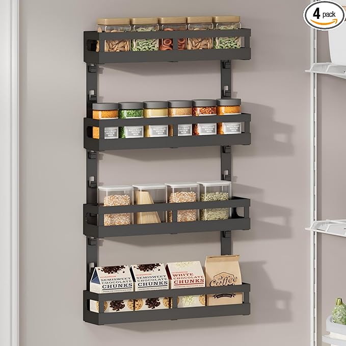 4-Tier Small Wall Mounted Spice Rack Organizer, Hanging Spice Shelf for Cabinet or Pantry, Height-Adjustable Seasoning Holder for Kitchen Storage, Black-Ruum Studio Home