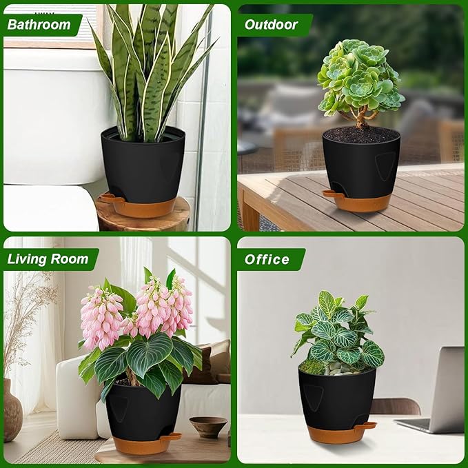 '- Uneed Plastic Flower Pot,5-Pack Plant Pots with Drainage 7/6.5/6/5.5/5 Inch,Self Watering Pots for Indoor Plants,Planters for Indoor Outdoor Plants (Black)-Ruum Studio Home