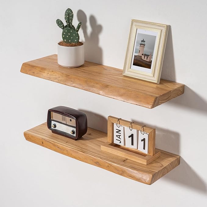 Axeman 24 inch Floating Shelves for Wall - 8'' D Live Edge Rustic Solid Elm Wood Floating Shelves Wall Mounted, Wall Shelves with Invisible Bracket for Living Room Bedroom Kitchen, Set of 2 Natural-Ruum Studio Home