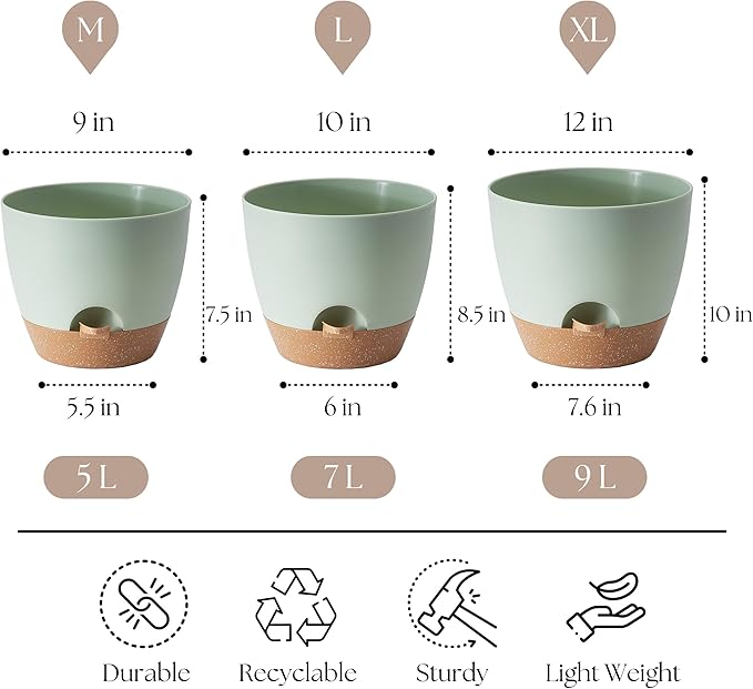 Giraffe Creation Plant Pots Set of 3 (12/10/9 inch), Self-Watering Indoor & Outdoor Flower Planters with Drainage Hole and Reservoir, Green-Ruum Studio Home