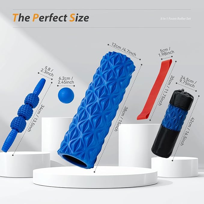 5 in1 Foam Roller Set, Trigger Point Foam Roller, Massage Roller Stick, Massage Ball, Resistance Band for Deep Muscle Massage Pilates Yoga,Fitness Exercise for Whole Body (Pure Blue)-Ruum Studio Home