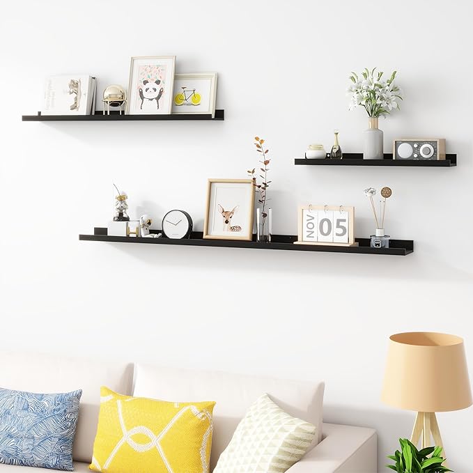 Picture Ledge Shelf, Wood Long Floating Shelves for Wall, Set of 2, 56 inch Picture Ledge Shelves, Photo Ledge Nursery Book Shelves Wall Mounted for Living Room Kids' Room Bedroom, Color Black-Ruum Studio Home