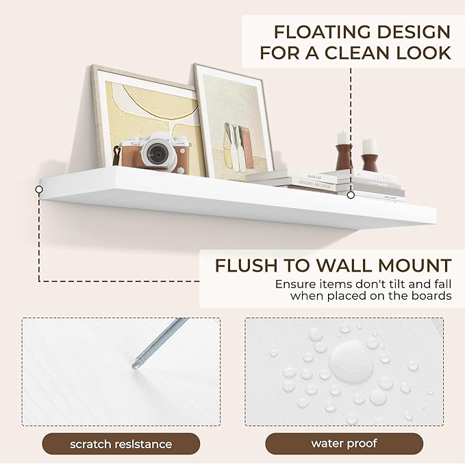 RICHFOCUS 48Inch Floating Shelves for Wall 2 Pack Shelves for Bedroom|Kitchen|Bathroom Wall Mounted Rustic Wood Floating Shelf with Invisible Brackets for Books|Storage|Decor, White-Ruum Studio Home