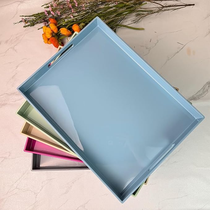 Light Blue Decorative Tray, Rectangular Large Serving Tray with Handles, Plastic Coffee Table Tray for Ottoman, Living Room, Kitchen Tabletop, 15.7” x 11.8” x1.6”-Ruum Studio Home