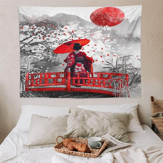 Japanese Red Geisha Tapestry Asian Cherry Blossom Red Sun Traditional Kimono Folk Tapestries Home Decor for Living Room Bedroom Apartment Farmhouse Dorm 80"x60"-Ruum Studio Home