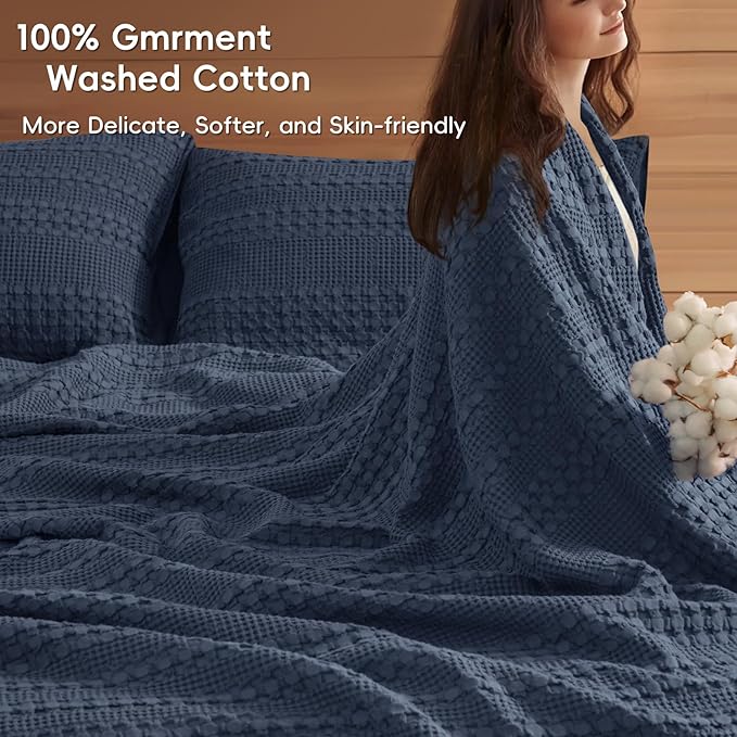 PHF 100% Cotton Waffle Blanket Oversized King 120"x120", Lightweight Breathable Extra Large 10'x10' Summer Blankets for Bed, Giant Big Luxury Aesthetic Woven Bedding for Home Decor, Dark Navy-Ruum Studio Home