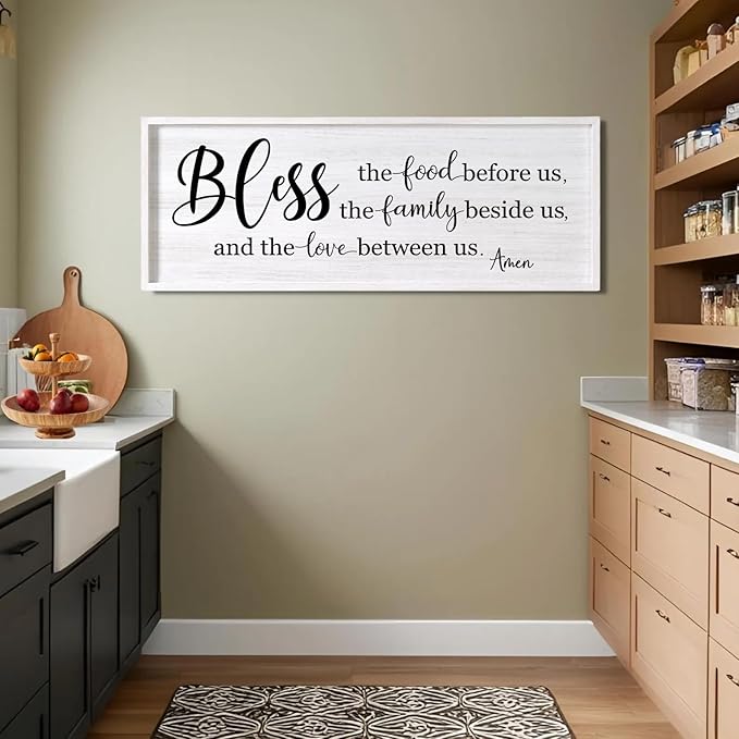 Bless the Food Before Us, the Family Beside Us, and the Love between us Framed Wall Art for Dining Room, 40''×15'' Holy Positive Religious Rustic Bible Verse for Christian God Jesus Christ Prayer-Ruum Studio Home