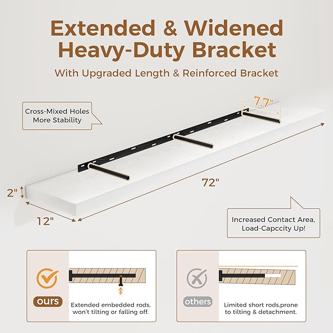 Fun Memories 72 Inch Floating Shelf, 12 Inch Deep Wall Shelf for Fireplace Mantel, Deep Storage Shelves for Home & Office, Wall Shelves with Invisible Bracket, White, Set of 1-Ruum Studio Home