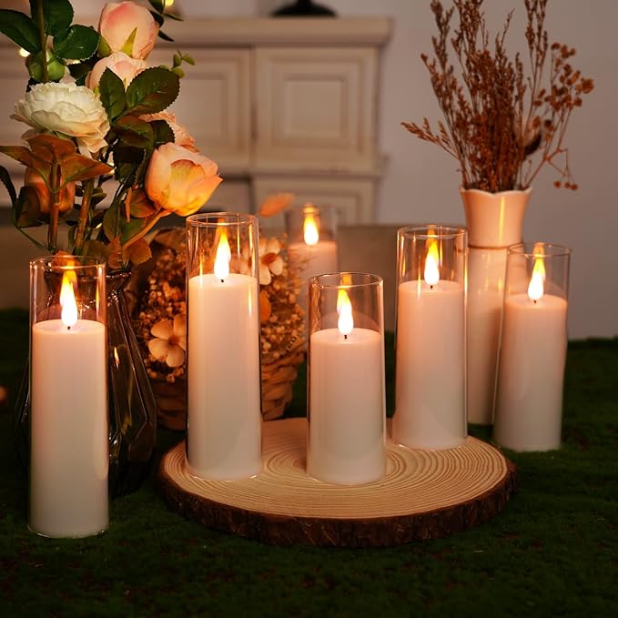 Amagic Pure White Flameless Candles, Battery Operated Candles, Acrylic Flickering LED Pillar Candles with Remote Control and Timer, 3D Wick, Yellow and Blue Glow, D2.2 xH5 6" 7", Set of 9-Ruum Studio Home