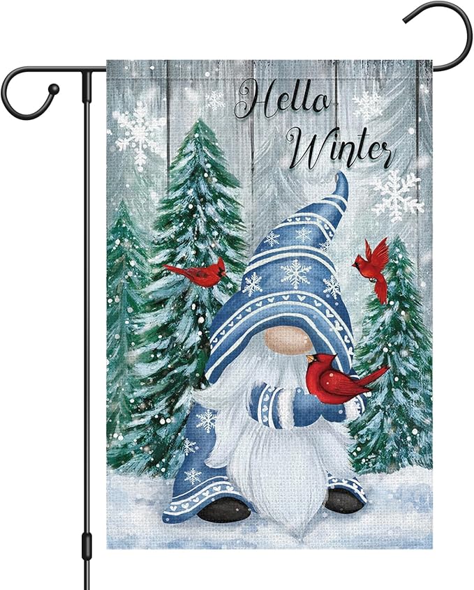 Hello Winter Gnome Garden Flag 12x18 Double Sided Burlap Cardinals Snowflakes Snow Yard Flags for Christmas Seasonal Outside Outdoor House Decoration (ONLY FLAG)-Ruum Studio Home