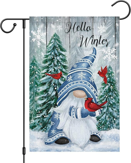 Hello Winter Gnome Garden Flag 12x18 Double Sided Burlap Cardinals Snowflakes Snow Yard Flags for Christmas Seasonal Outside Outdoor House Decoration (ONLY FLAG)-Ruum Studio Home