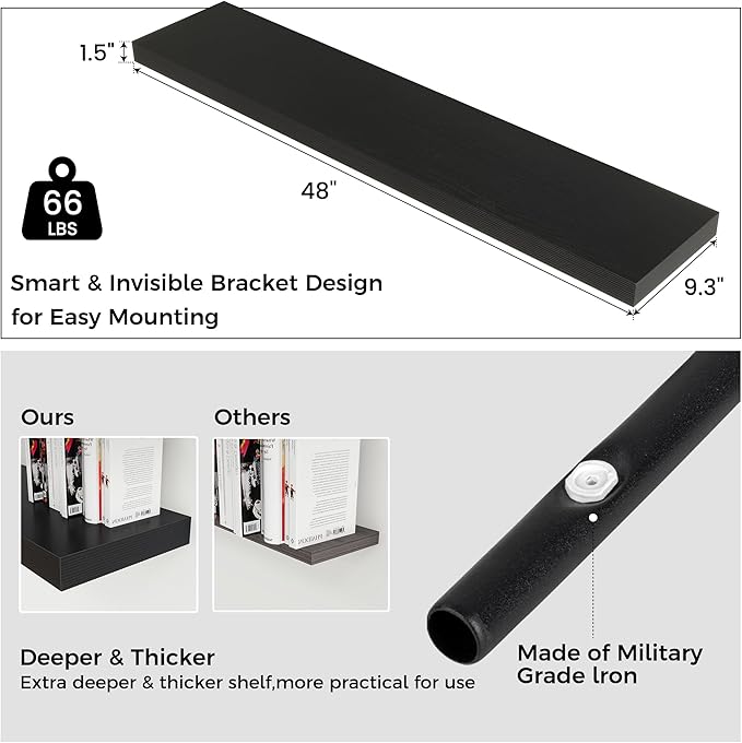 Floating Shelves - 2 Large Wall Mounted Shelves with Invisible Brackets, Long Wood Floating Wall Shelf for Living Room, Bedroom, Kitchen (Black, 48" W x 9" D x 1.5" H)-Ruum Studio Home