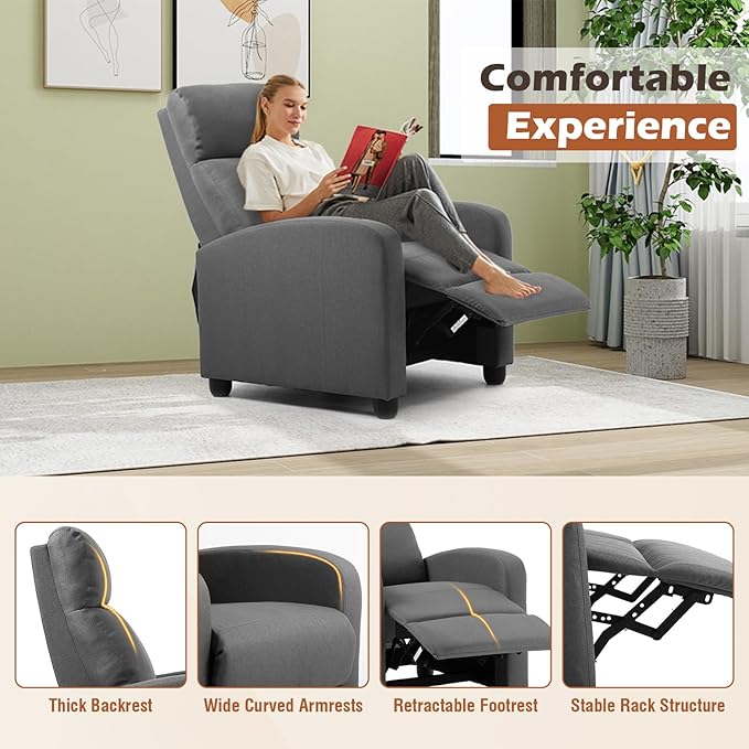 BestMassage | Recliner Chair | No Massage Function | Textile Grey | with Lumbar Support, Adjustable Push Back, Wide Armrests, Footrest & Padded Seat | Easy Assembly | for Living Room, Home Theatre-Ruum Studio Home