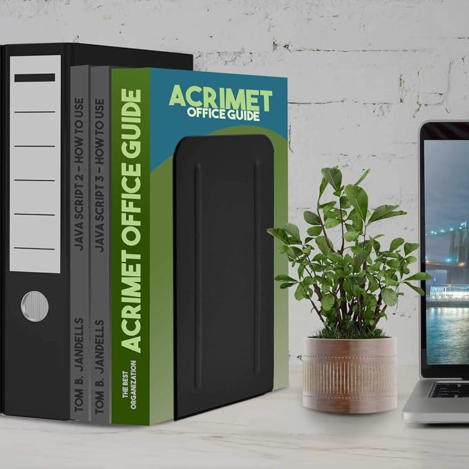 Acrimet Metal Bookends, Jumbo Size 9" H x 4" W x 4-1/2" D, Non-Skid Book Stand for Shelves, Heavy Duty Book Stopper, Black, 1 Pair-Ruum Studio Home