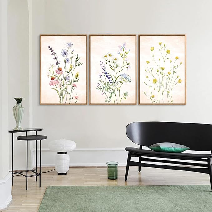 SIGNINART Watercolor Wildflower Framed Canvas Wall Art Set of 3, Boho Botanical Spring Floral Wall Decor, Colorful Minimalist Plant Art Prints for Farmhouse Living Room, Bedroom, Office, Bathroom 16"x24"-Ruum Studio Home