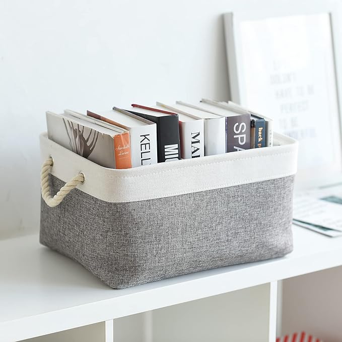 TcaFmac Collapsible Storage Bins for Organization - Large 3 Pack Canvas Storage Basket for Shelves, Organizer Baskets for Organizing for Closet Cloth Dog Toy Baby (White & Grey 16x12x8 inch)-Ruum Studio Home