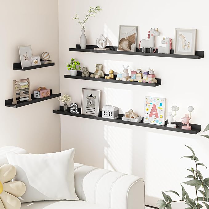Heimlove Picture Ledge Shelf, Small Floating Shelves Set of 2, 16 Inches Picture Shelf for Wall with Ledge, Kids Bookshelf Wall Mounted for Living Room Bedroom Decor Books Photo Frames, Black-Ruum Studio Home