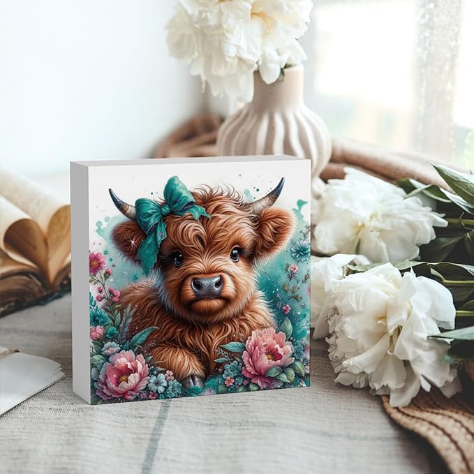 Highland Cow Decor, Highland Cow Gifts for women, Highland Cow Baby Decor, Cow With Pink Bow, Highland Cow Nursery Decor, Wooden Box Decor Sign for Home Farmhouse Office Living Room Table Shelf-Ruum Studio Home