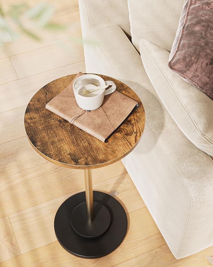 Masupu Drink Table, Round Side Table for Small Spaces, Pedestal Small End Table with Metal Base, for Living Room, Bedroom, Bathroom, Rustic Brown-Ruum Studio Home