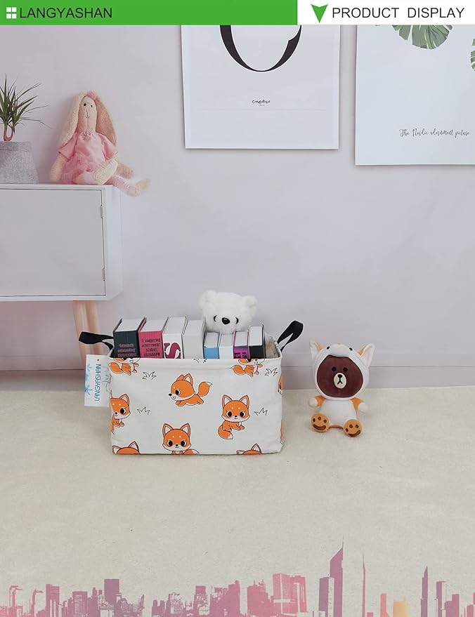 LANGYASHAN Rectangular Storage Bin Collapse Canvas Fabric Cartoon Storage Basket with Handles for Organizing Home Kitchen Boys and Girls Toys Office Closet Shelf Baskets(Rec Fox)-Ruum Studio Home