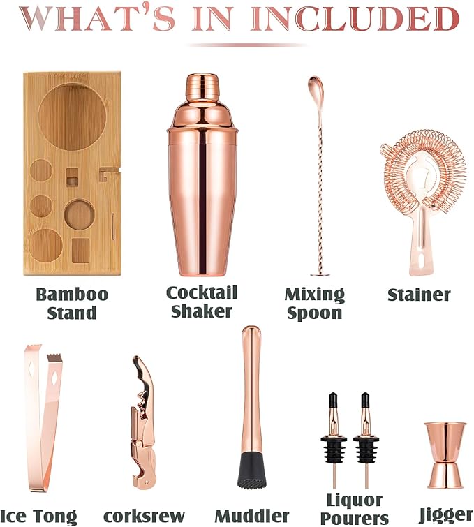 Cocktail Shaker Set, Mixology Bartender Kit 10-Piece Bar Tool Set with Stylish Bamboo Stand, Bar kit: Matini Shaker Mixing Spoon Muddler Jigger Cocksrew for Barware Set | Rose-Ruum Studio Home