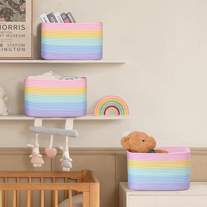 Shelf Baskets for Organizing, Woven Storage Basket for Shelves，Cotton Rope Storage Bins for Toys Books, Nursery Towel Baskets for Classroom, 14.96"X9.8"X8.85", 3-Pack Pastel Rainbow-Ruum Studio Home