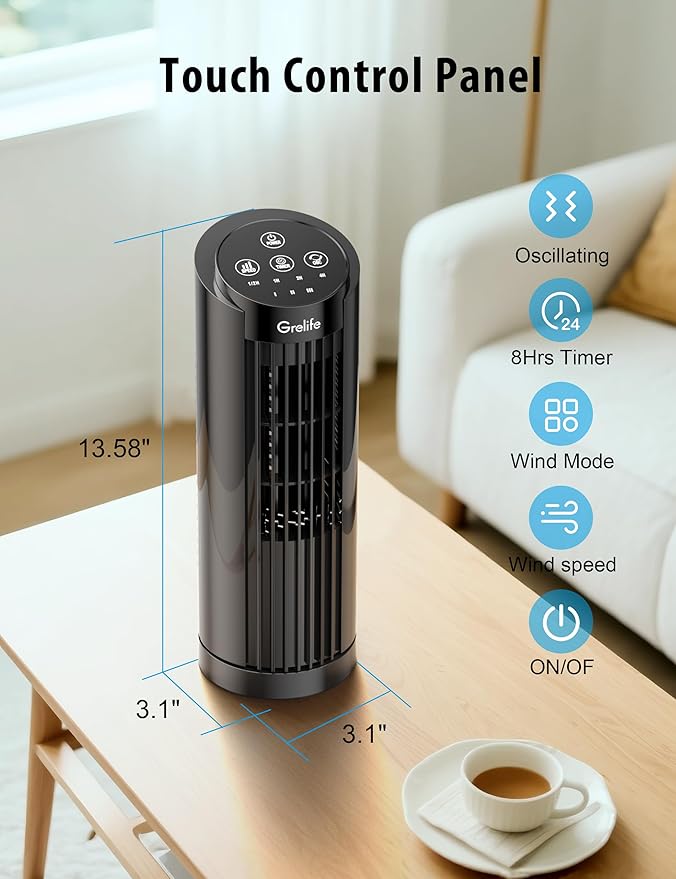 Grelife 13'' Tower Fan for Bedroom, 26dB Quiet Floor Fan with Remote, 3 Mode, 1-8H Timer, 90° Oscillating Fans for Indoors with 27ft/s Velocity, Portable Desk Table Fan for Room, Home, Office,Black-Ruum Studio Home