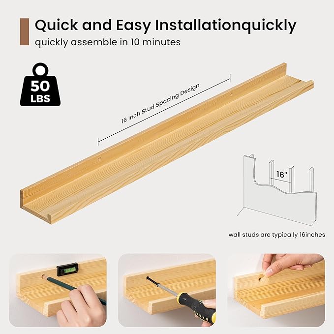 Picture Ledge Shelf, Solid Pine Wood Floating Shelves Set of 2, 32 Inches Nursery Book Shelves for Toys Storage, Kids Bookshelf Wall Mounted for Living Room Bedroom Decor Books Photo Frames, Natural-Ruum Studio Home
