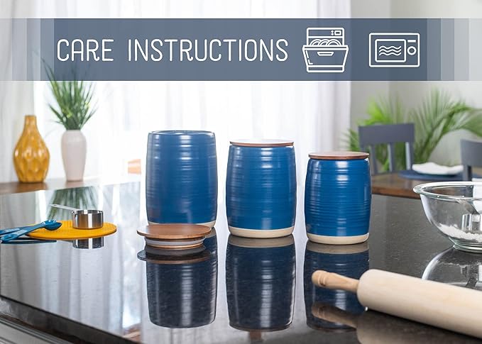 Nat & Jules Lidded Navy Blue 6 inch Ceramic and Wood Kitchen Canisters Set of 3-Ruum Studio Home