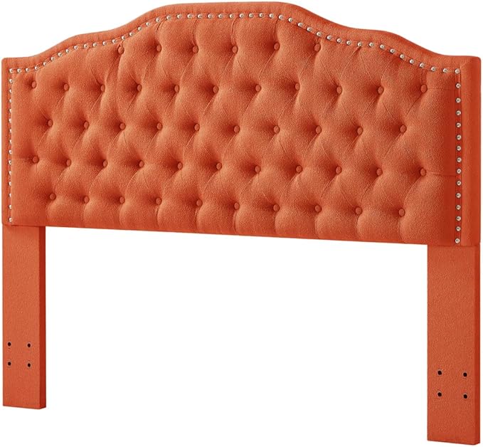 24KF Upholstered Button Tufted Queen Headboard with Nailhead Trim, Elegant Boucle Fabric Full headboard, 6031-Q-Boucle-Orange-Ruum Studio Home